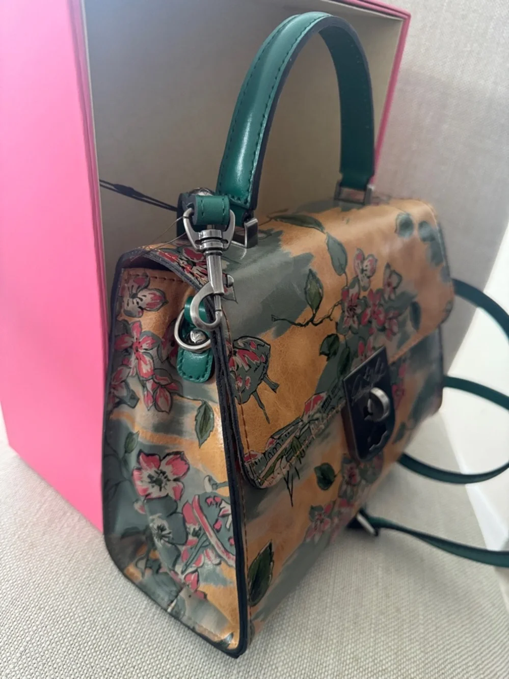 Patricia Nash Leather Floral Handbag Chauny Beautiful Girl Print Green